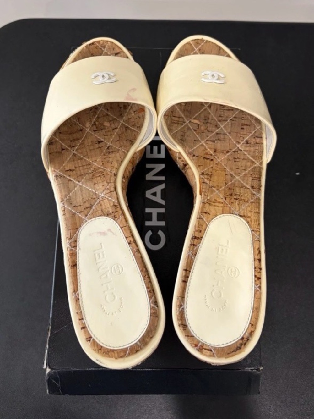 Chanel Cream Patent Slide Wedge Sandals, Size 38 - Picture 2 of 8